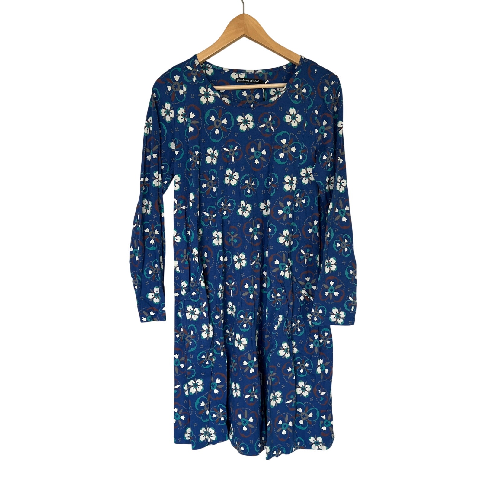 Gudrun Sjoden Dress Floral Blue Scandinavian Organic Cotton Size S Long Sleeves